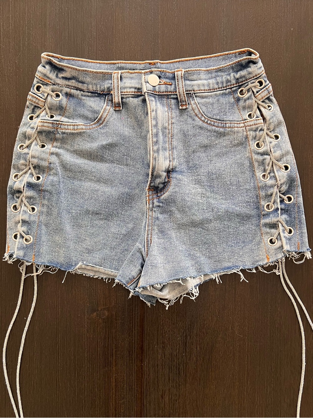Fashion Nova Light Blue Lace-Up Frayed Denim Shorts